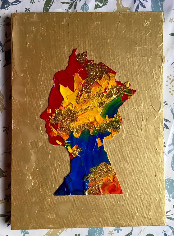 Queen Elizabeth abstract portrait #107 on gold, Royal Standard colours, inspired by Queen Elizabeth II
