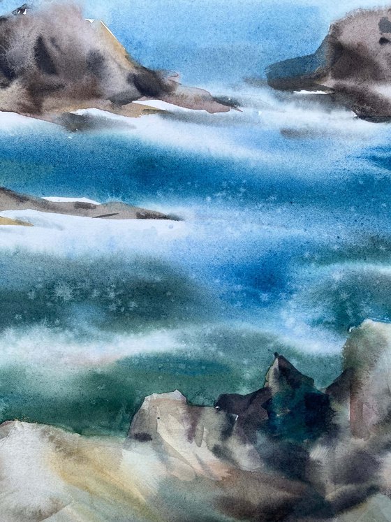 White waves. Scotland. One of a kind, original painting, handmad work, gift, watercolour art.