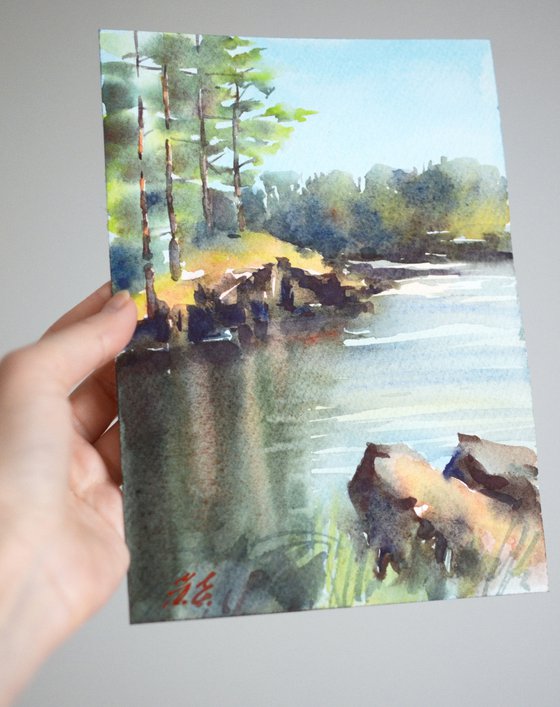 Ladoga Lake in Karelia, Pine trees, stones and water