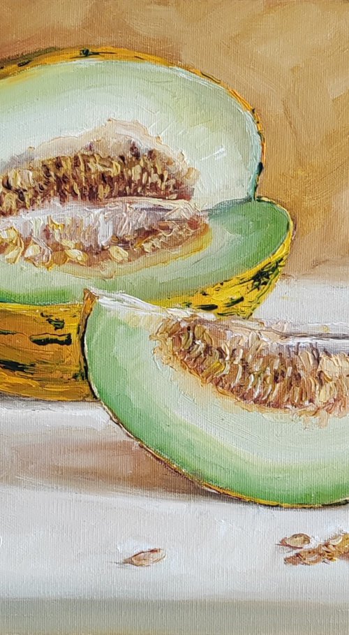 Melon fruit oil painting Original still life kitchen wall decor 12x16'' by Leyla Demir