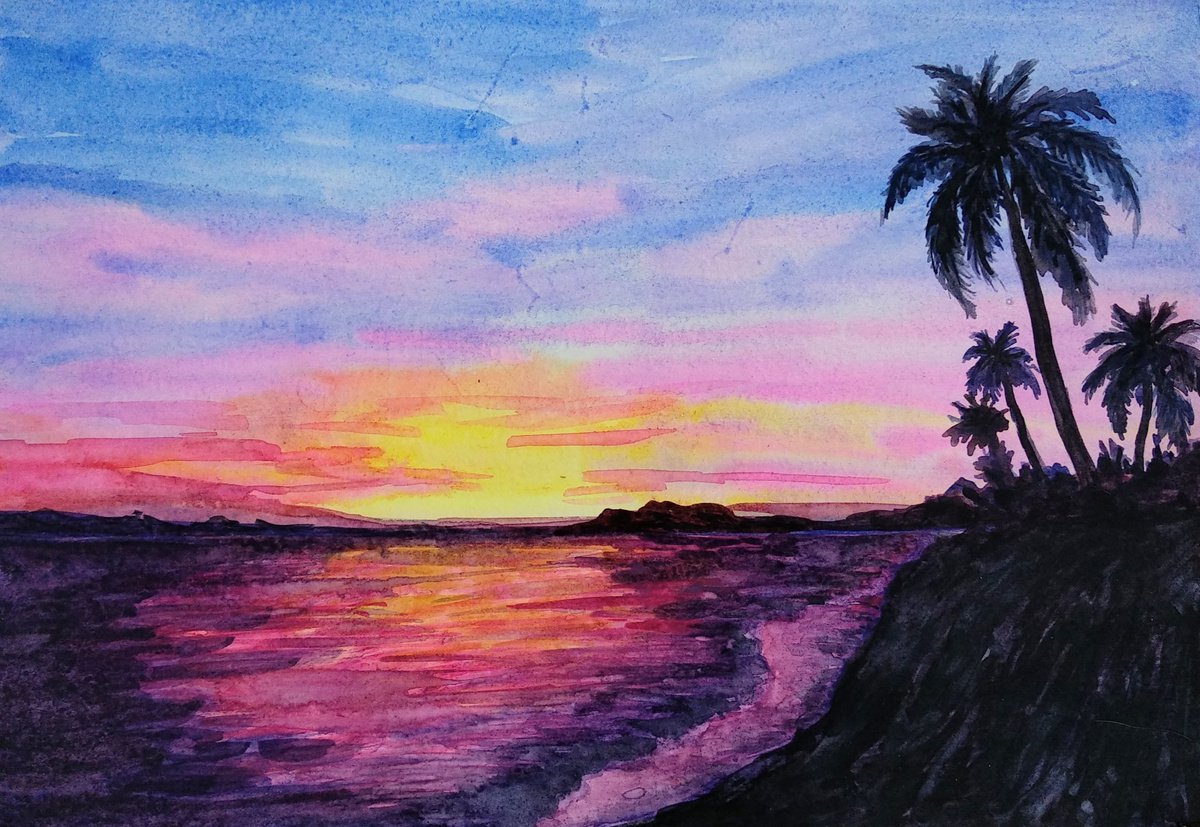 Tropical Sunset Watercolour Landscape with Palm Trees by Anastasia Art Line