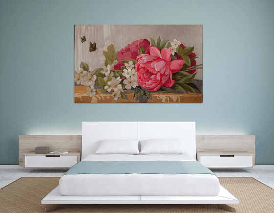 Apple Blossoms and Peonies Large Flower Painting