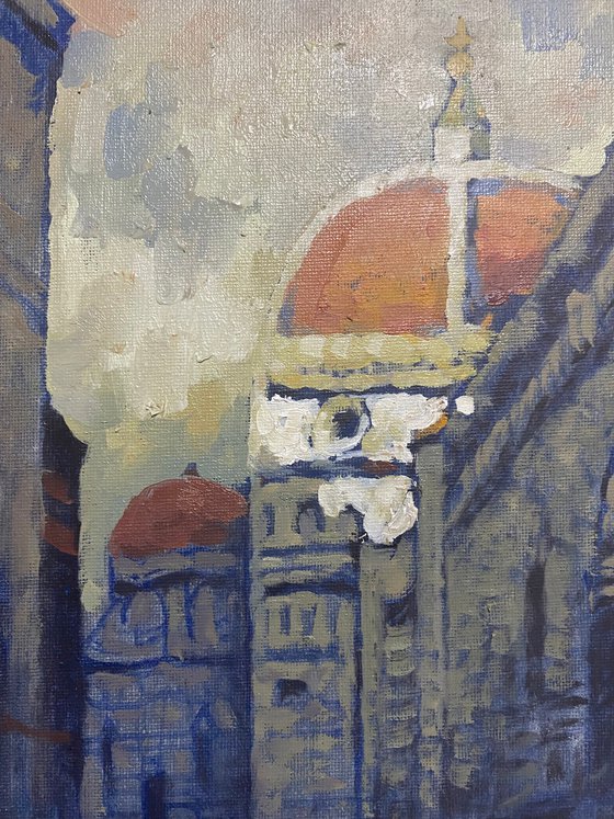Original Oil Painting Wall Art Artwork Signed Hand Made Jixiang Dong Canvas 25cm × 30cm Cathedral Florence small building Impressionism