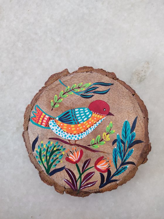 Little joys - Bird painting on a wood slice - table decor or wall art - miniatureart - gift - affordable art