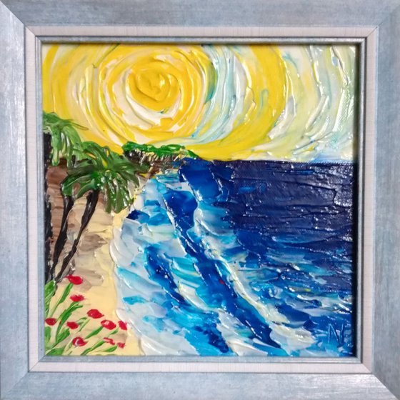 Waves, Sea, Sun, Sky, Summer, framed textured acrylic painting, gift idea,  wall decor