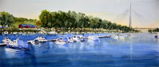 Boats and bridge on Ada Ciganlija Belgrade skyline panorama original watercolor art