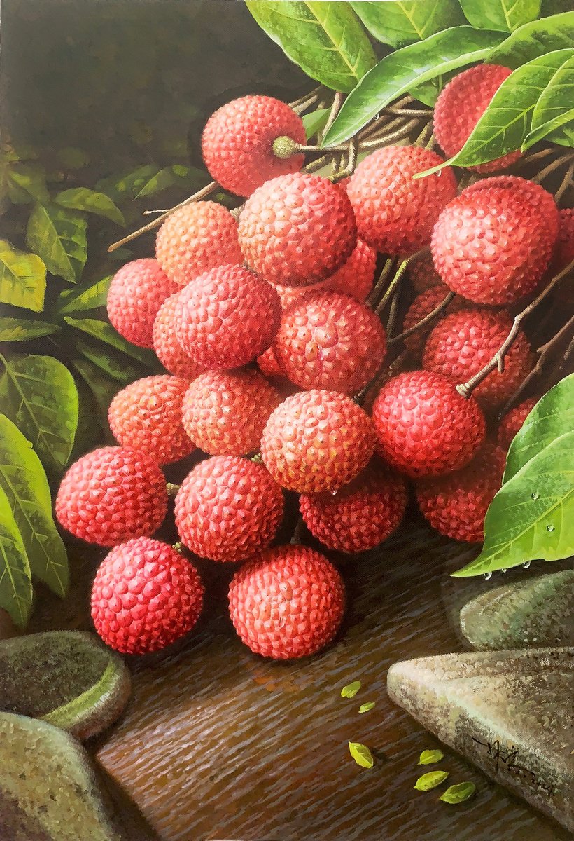 Photorealistic Still Life Oil Painting By Kunlong Wang, 24 X 35", Litchi Chinensis T255, Original Artwork