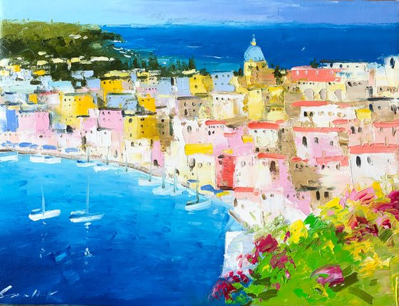 Italian village painting, Ligurian Rivera , impasto oil paintings