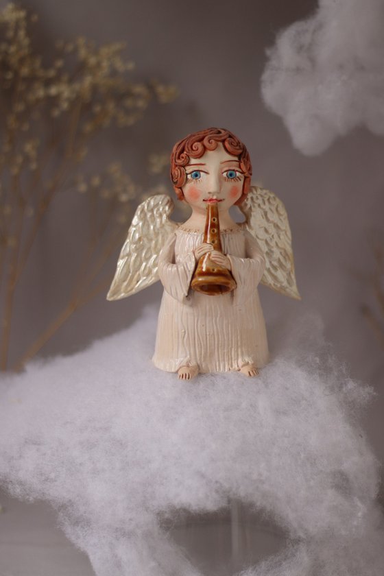 Song of the angel. Angel with a flute OOAK sculpture.