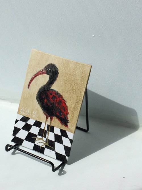 Bird portrait of black Ibis on a chessboard - Gift idea for bird lover by Olga Ivanova