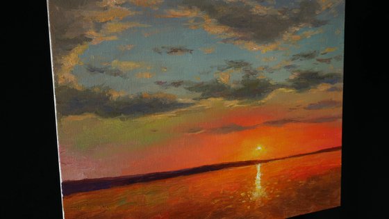Sunset Over The Lake - original sunny landscape, painting