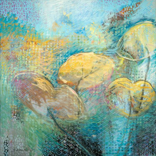 WATER LILIES | PAINTING ACRYLIC, CHARCOAL, CHALK, VARNISH ON CANVAS by Uwe Fehrmann