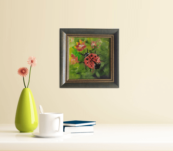 Ladybird, original small framed oil painting, gift idea, art for home