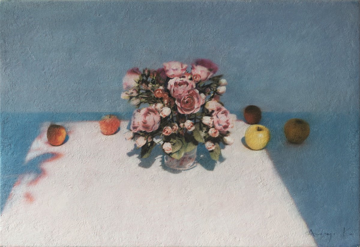 Photorealistic Still Life Acrylic Painting By Andrejs Ko, 32 X 22, Flowers And Apples, Original Artwork