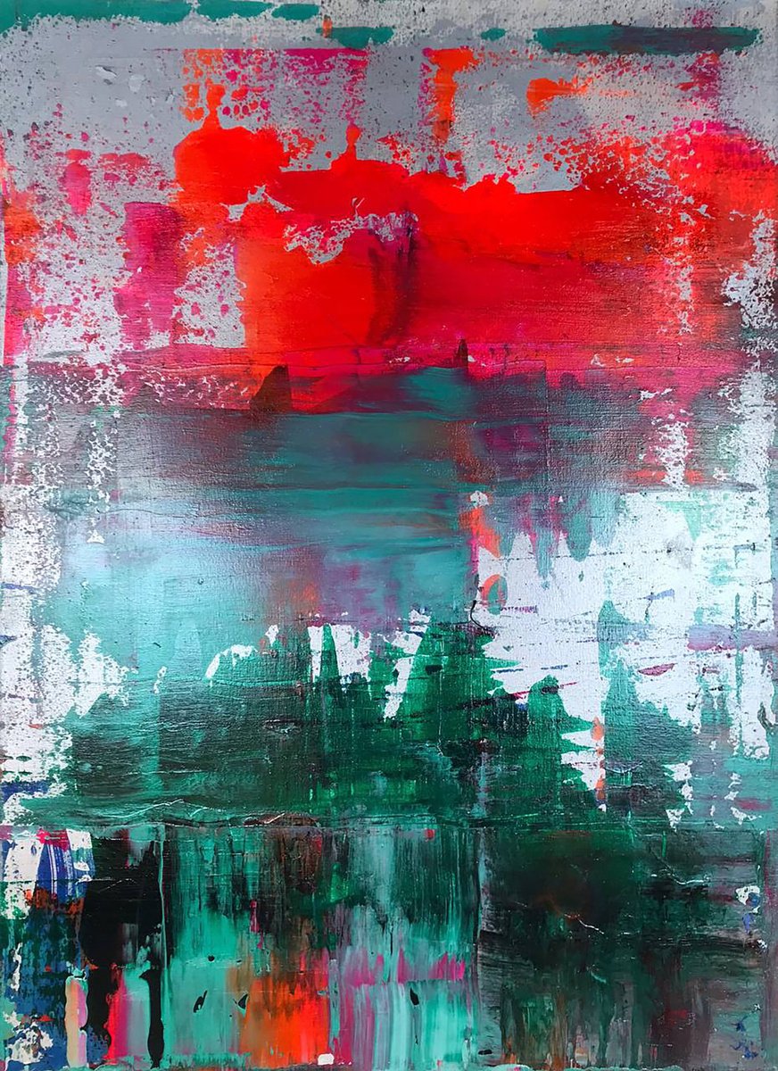 Impressionistic Abstract Acrylic Painting By Olga Melezhik, 20 X 28", Forest Lake, Original Artwork