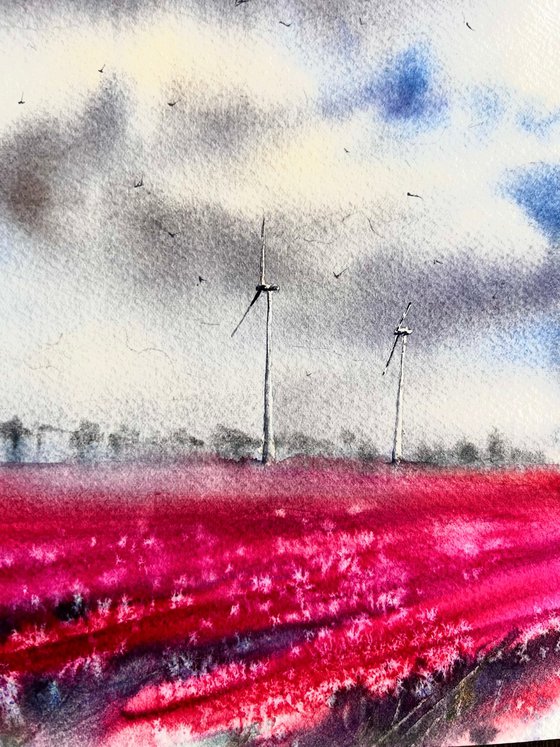 Pink tulips field in the Netherlands Watercolour Painting