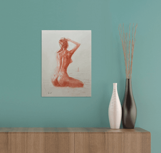 Nude girl sitting on the beach, Ukrainian original artwork