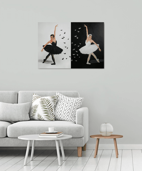 Black and White Swan. Ballet. Diptych /  ORIGINAL PAINTING