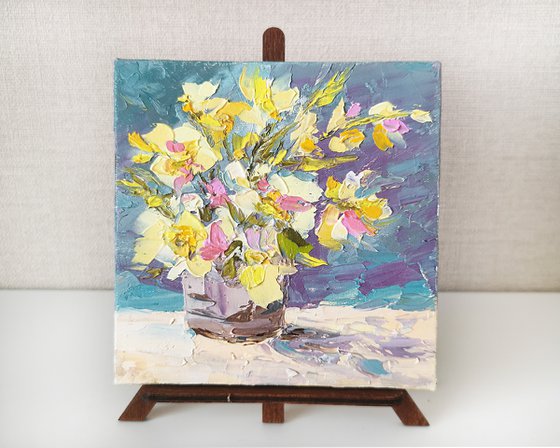 Flowers in vase. Daffodils still life. Small floral oil painting