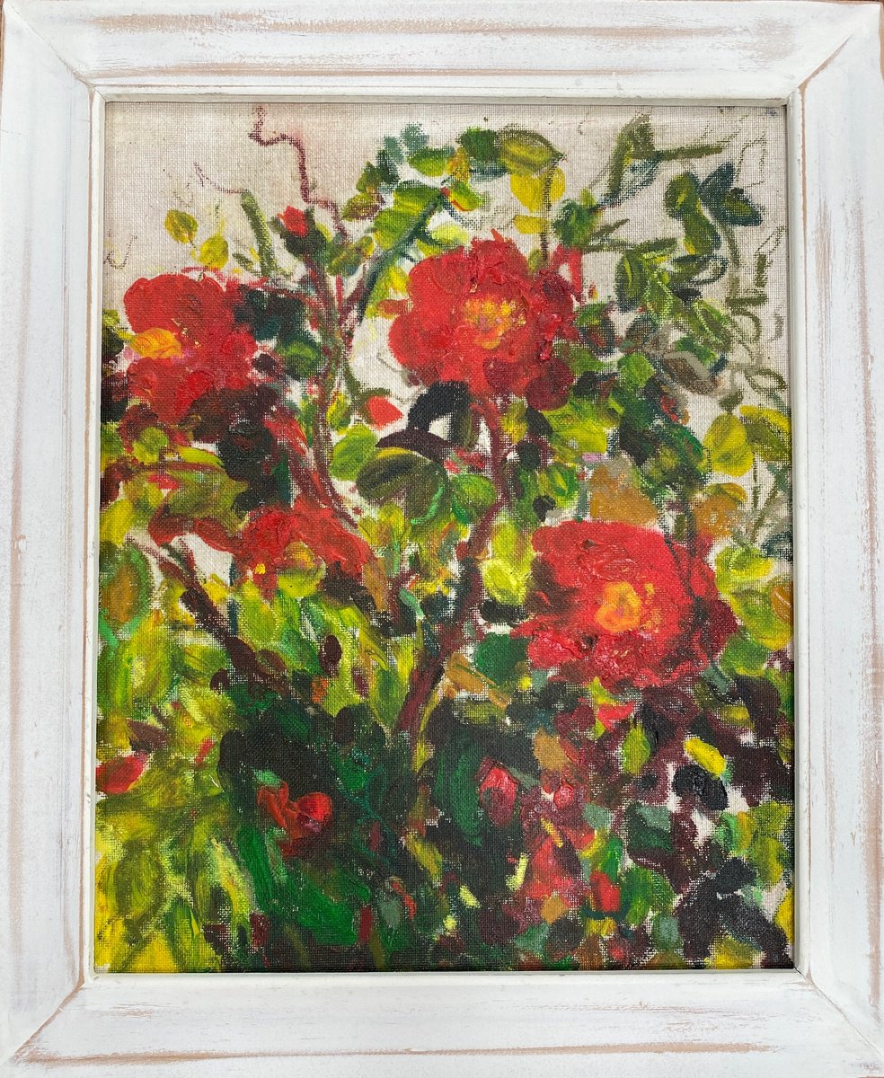 Impressionistic Botanical Acrylic Painting By Teresa Tanner, 14 X 17", Rambling Red Roses, Original Artwork