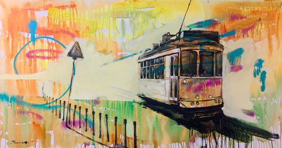 XXL Very Big Painting - "Lisbon tram" - Pop Art - Urban Art - Street - City - Cityscape