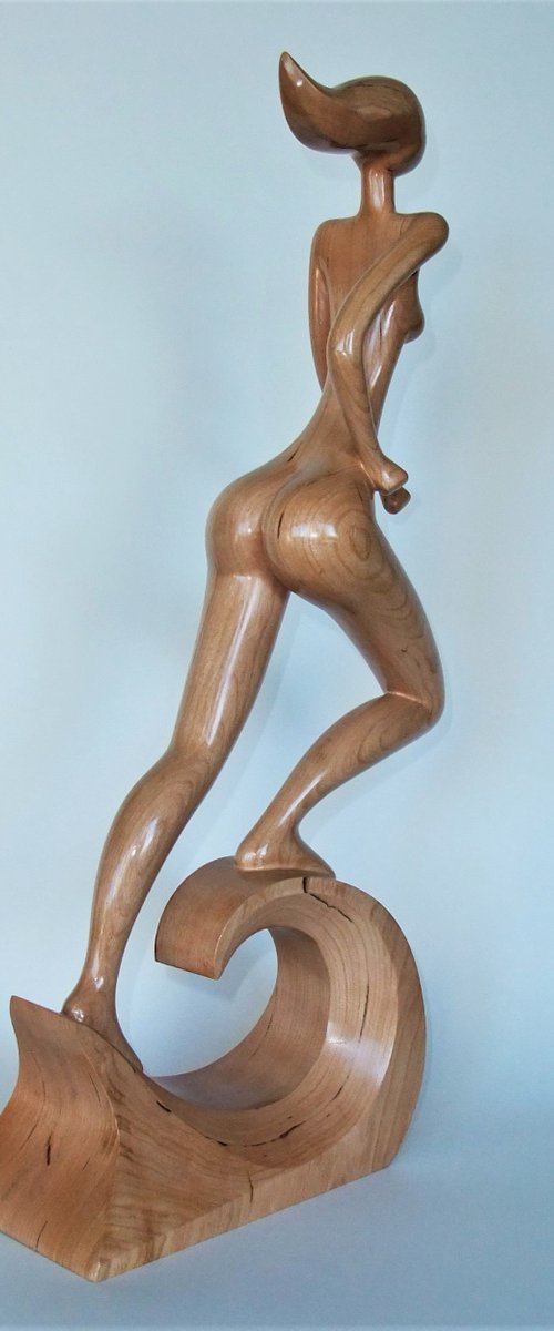 Nude Woman Wood Sculpture RUNNING on WAVES by Jakob Wainshtein