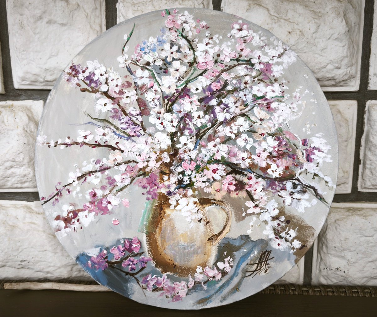 Impressionistic Botanical Oil Painting By Annet Loginova, 16 X 16, Sakura On Round Canvas., Original Artwork