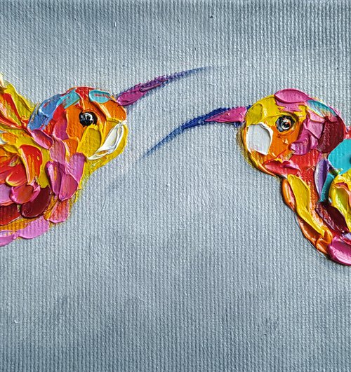 Hummingbirds in love - birds, love, animals oil painting, art bird, impressionism, palette knife, gift. by Anastasia Kozorez