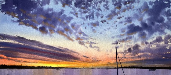 Sunset Seascape Watercolor Art.