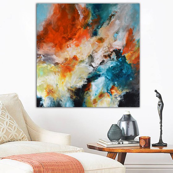 Reborn beauty - Original red, blue and orange square abstract painting