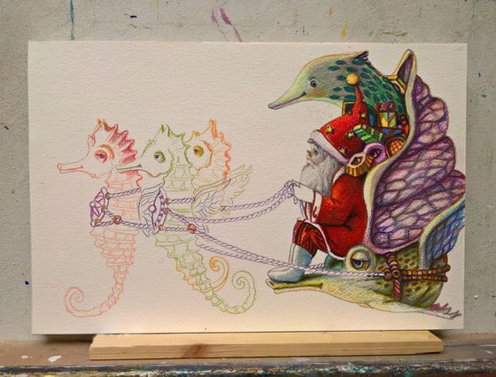 SANTA'S SEAHORSES - ( 24 x 34 cm ) - RESERVED, COMMISSIONED by C.W.