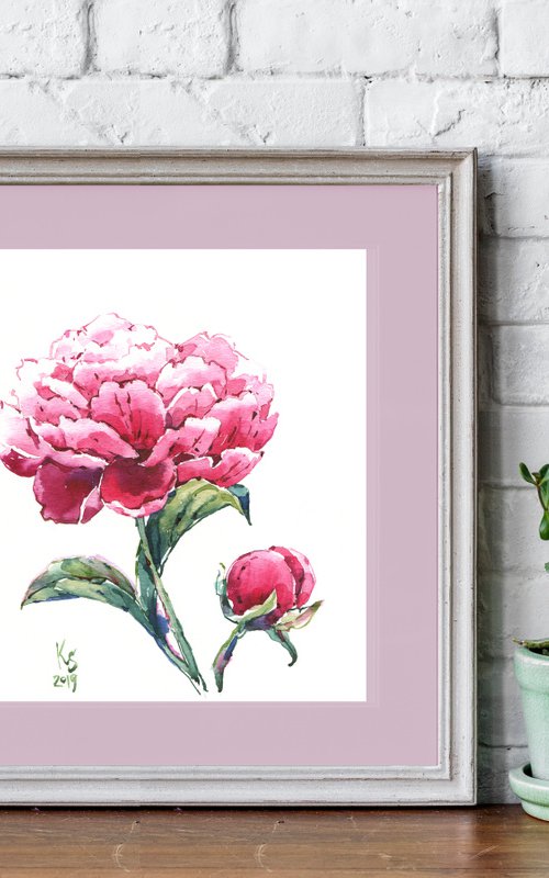 "Peony flower" original botanical watercolor square format by Ksenia Selianko