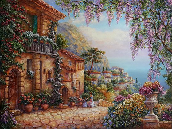 Painting " Walk in the old town ", old city scene, extra large landscape