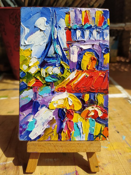 With love from France - small painting, cityscape, postcard, Eiffel Tower, city, gift idea, gift, oil painting, France, Eiffel Tower oil painting