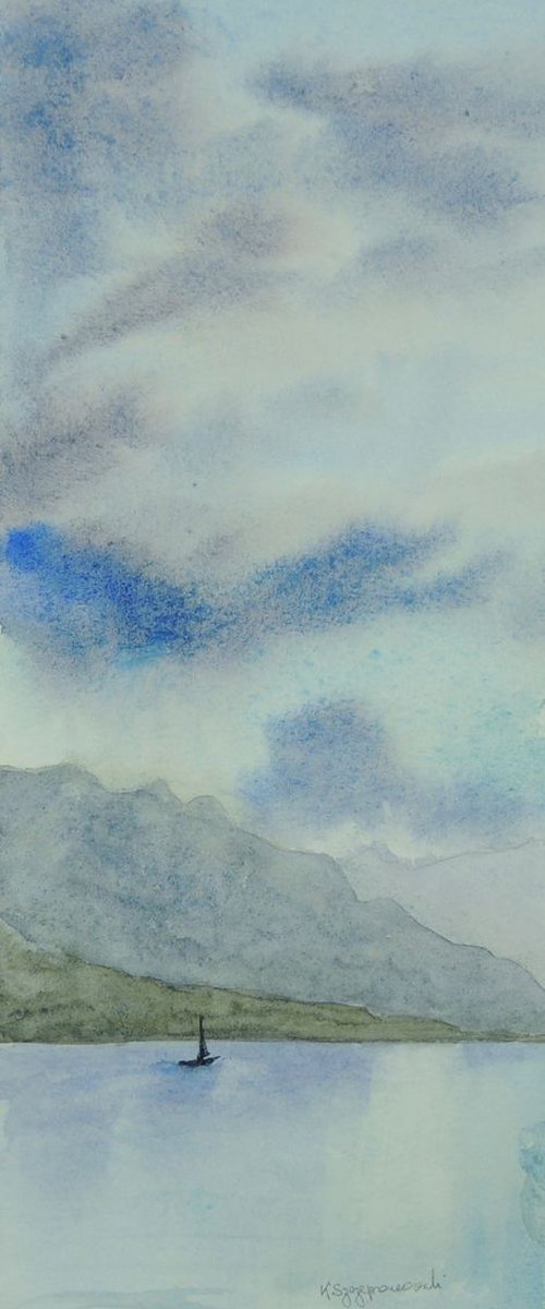 Sketch of the Lac Léman with boat by Krystyna Szczepanowski