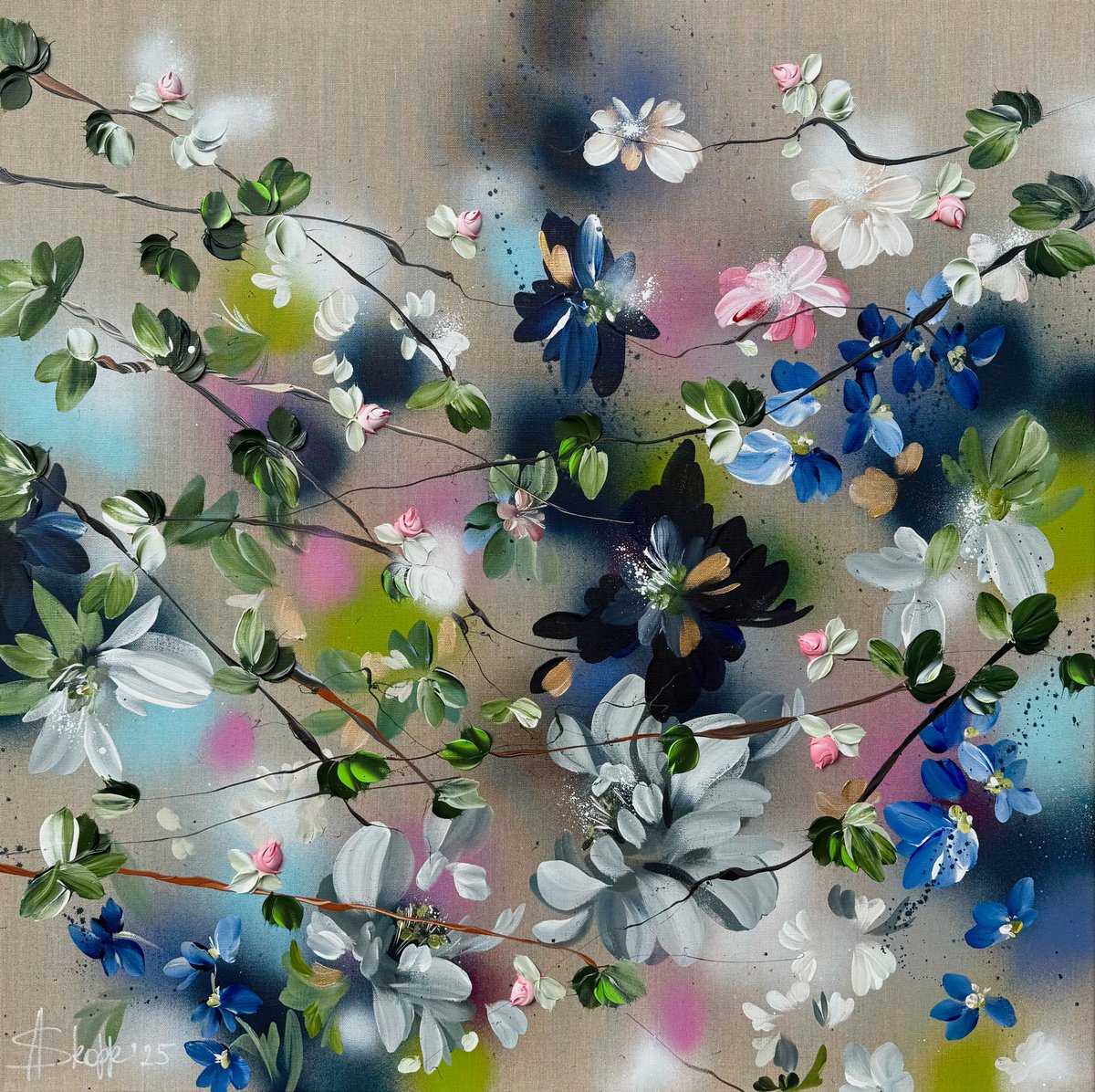 Expressive Abstract Acrylic Painting By Anastassia Skopp, 35 X 35, - ?Movement - Roses I - ?, Original Artwork