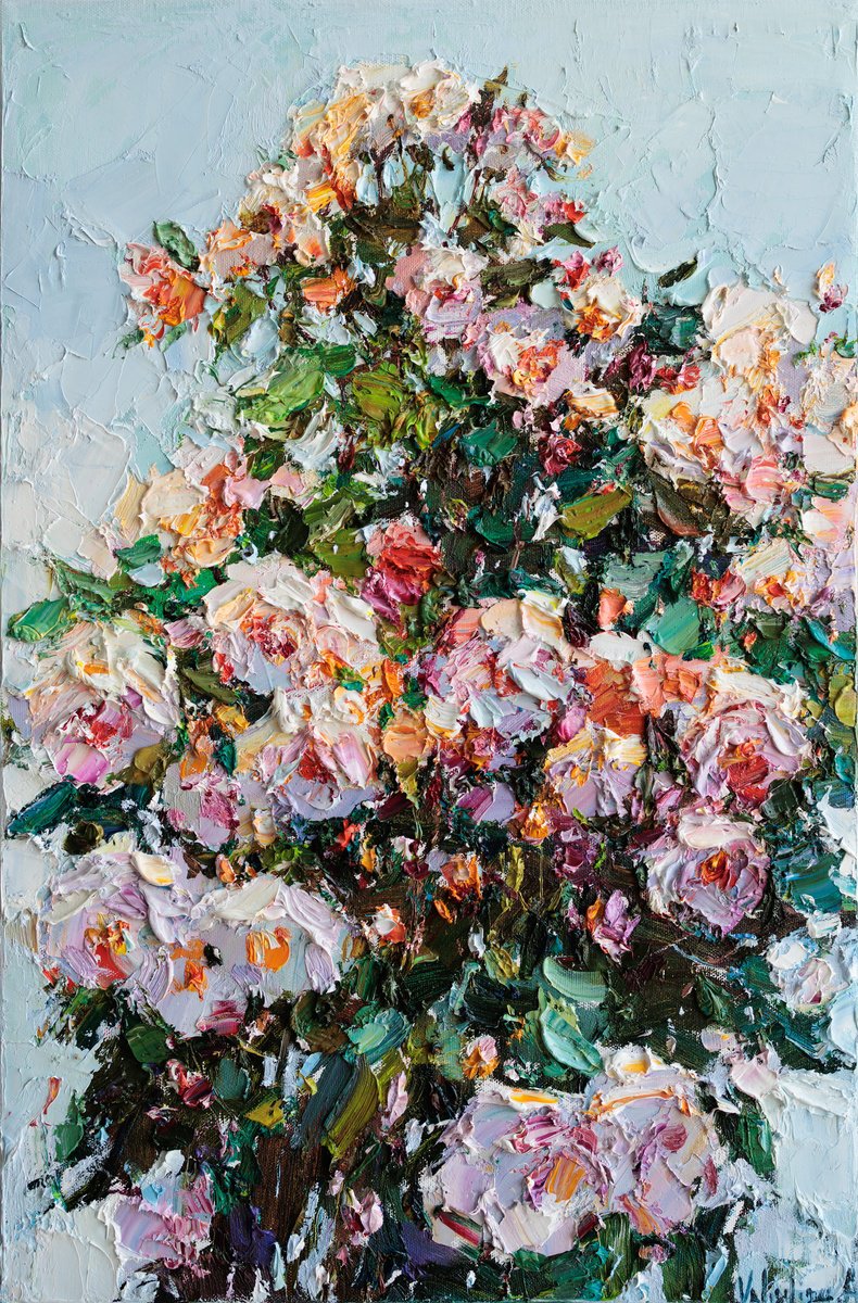Impressionistic Botanical Oil Painting By Anastasiia Valiulina, 16 X 24, Blooming Roses, Original Artwork
