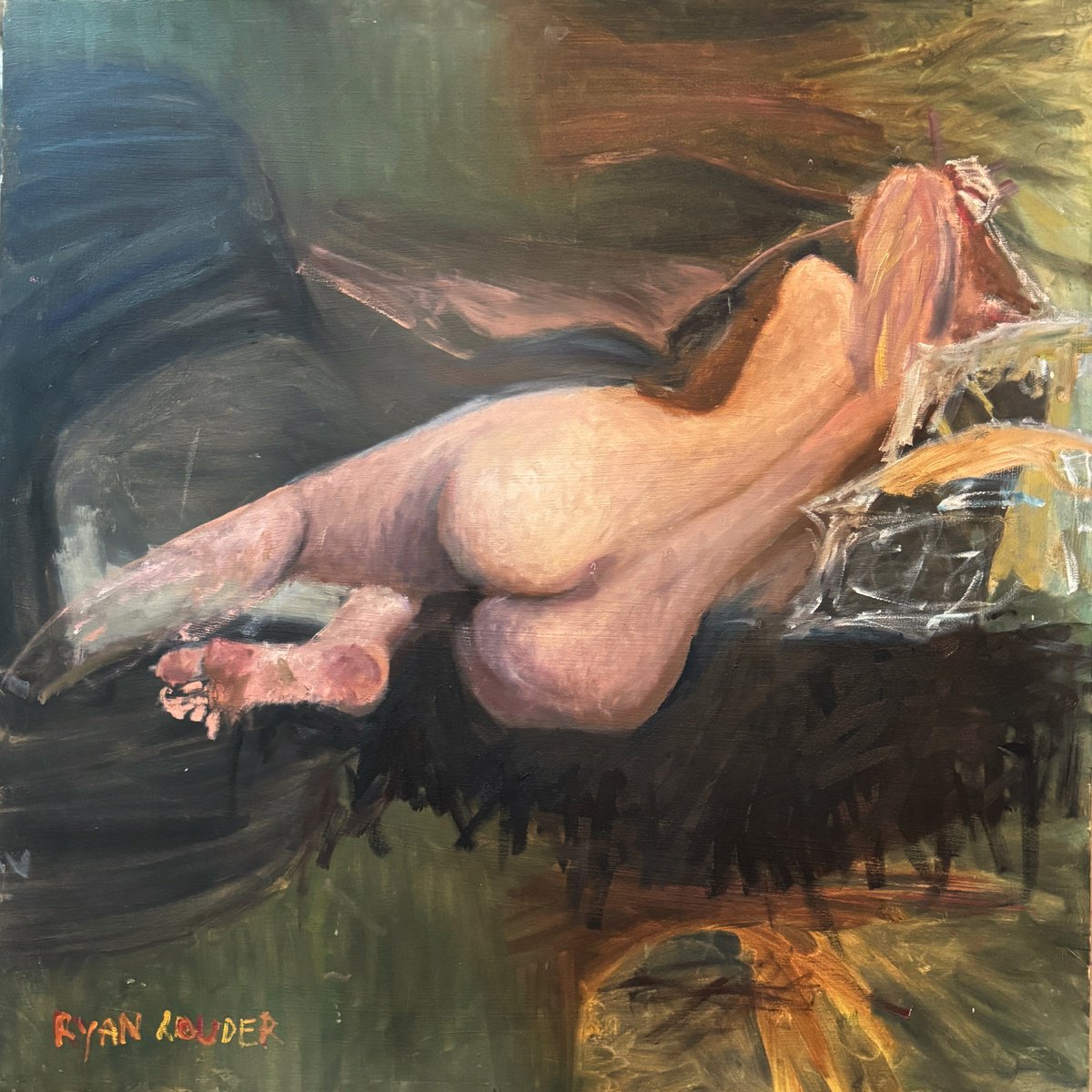 Expressive Portrait Oil Painting By Ryan Louder, 30 X 30", Back Of Woman In Abstraction, Original Artwork