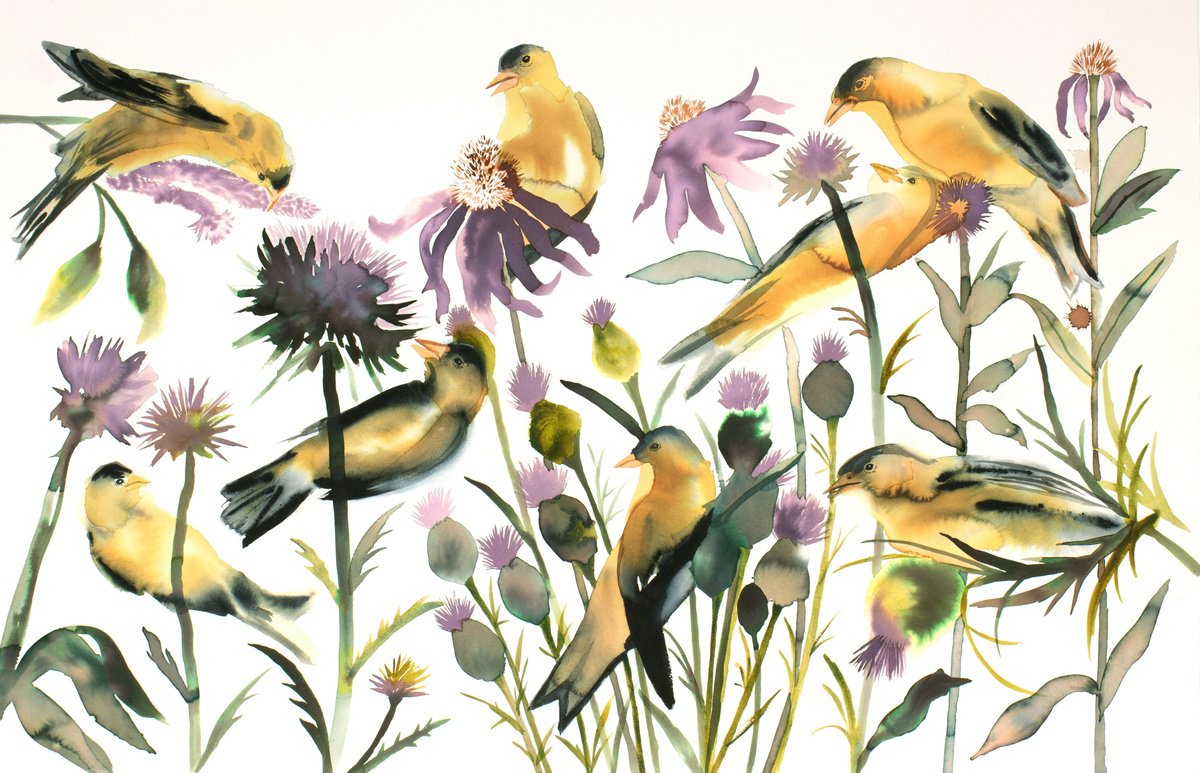 Expressive Animal Watercolour By Elizabeth Becker, 40 X 26, Goldfinches, Original Artwork
