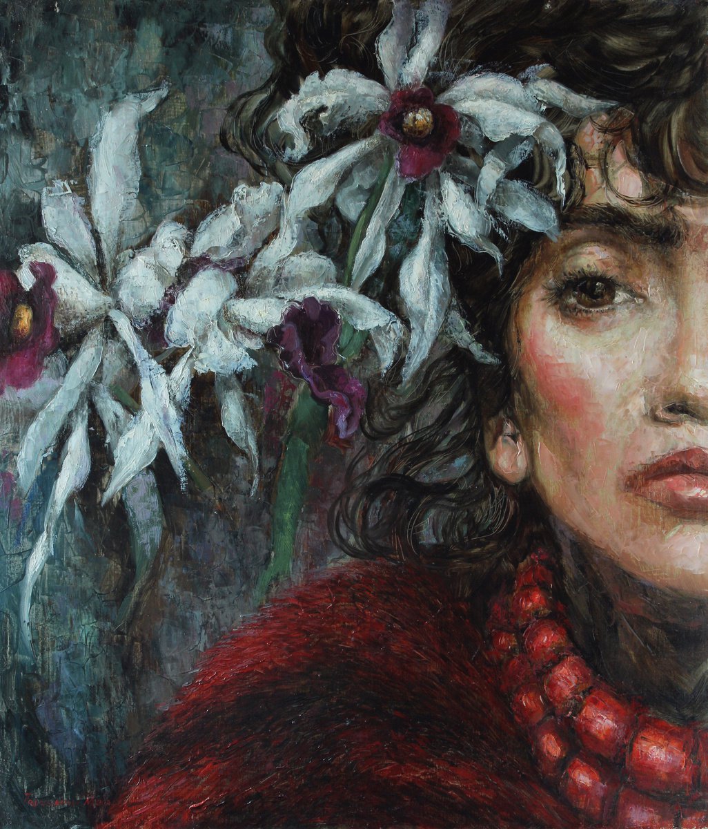 Beautiful woman with white orchids. by Marina Podgaevskaya