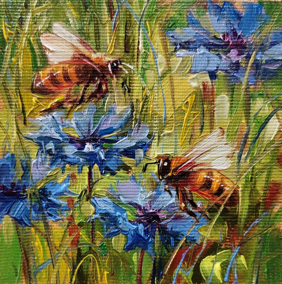 Bee artwork oil painting original on canvas, Blue flowers with bee small framed art painting of animals, Couple gifts