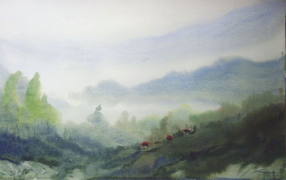 Morning Himalaya Landscape - Watercolor on paper