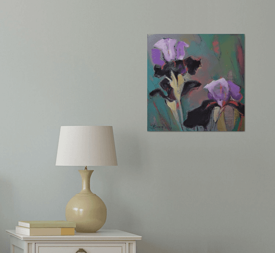 Black purple irises. Flower art