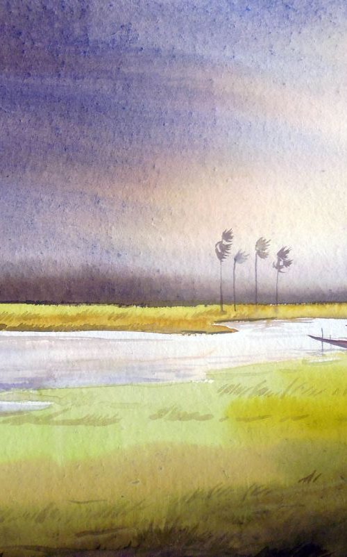 Monsoon Rural River - Watercolor painting by Samiran Sarkar