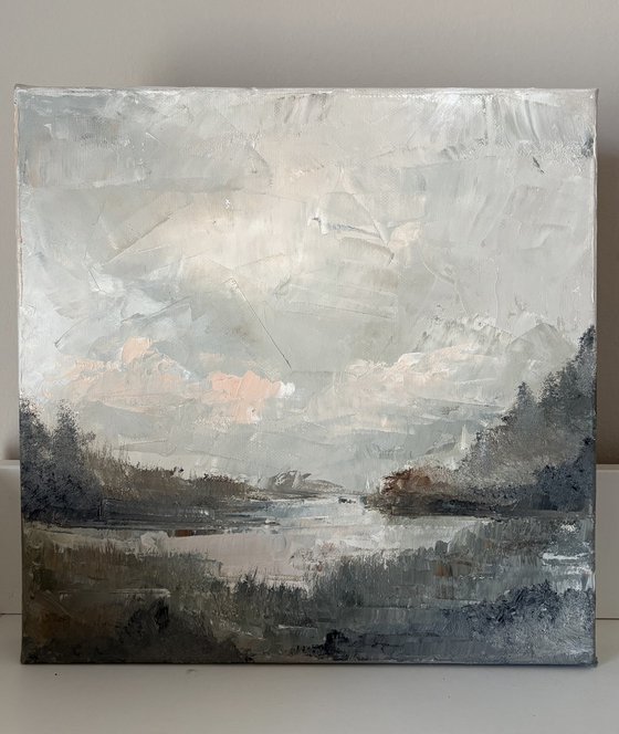 Impressionist lake river sunset