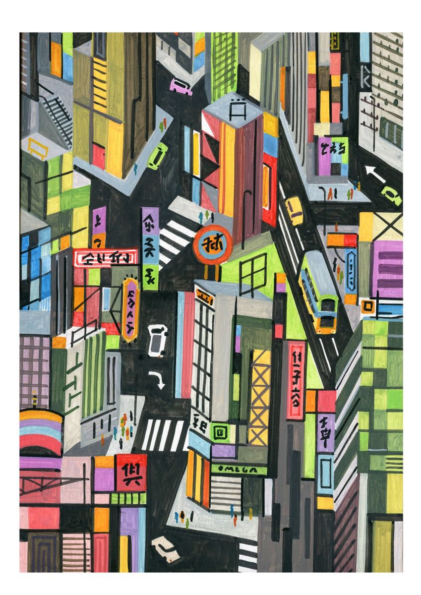 Urban And Pop Acrylic Painting , Hong-Kong-Street_View-02 By Andre Baldet, 13 X 18, Artwork For Sale On Artfinder