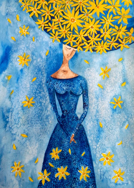 "Daisy" original watercolor painting woman and yellow flowers daisy classic blue dress
