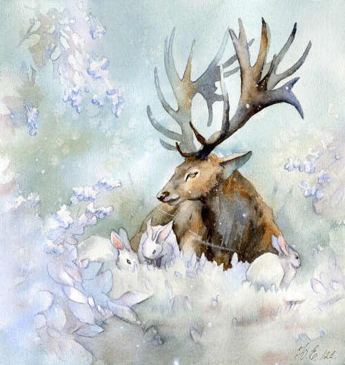 Deer and rabbits, Snow company in Christmas forest by Yulia Evsyukova
