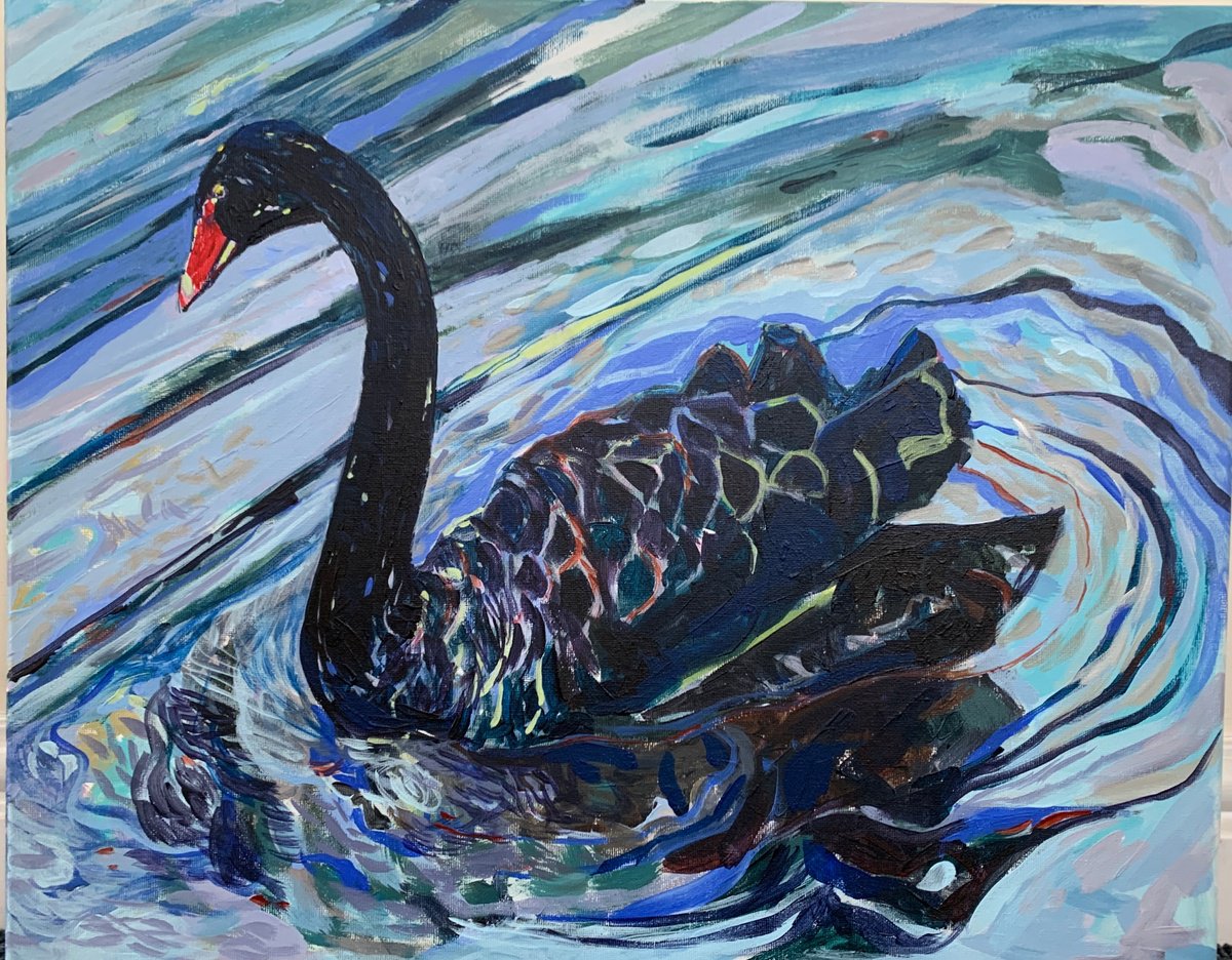 Impressionistic Animal Acrylic Painting By Hanna Bell, 20 X 16, The Lonely Black Swan, Original Artwork