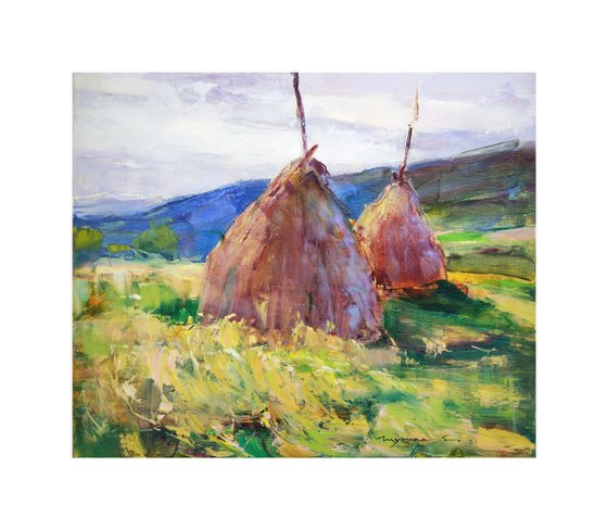 Haystacks Autumn Fields Ukrainian rural mountain landscape Original oil painting